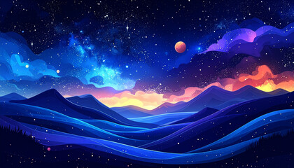 Night Sky Over Colorful Mountains with Stars and Moon