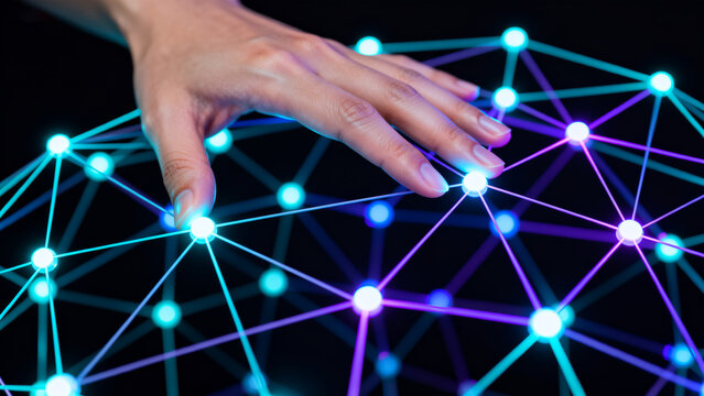 Hand interacting with glowing network nodes
