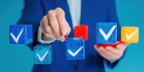 Professional Businessman Marking Checklist on Virtual Interface with Smartphone Modern Digital Audit for Corporate Quality and Verification Campaigns