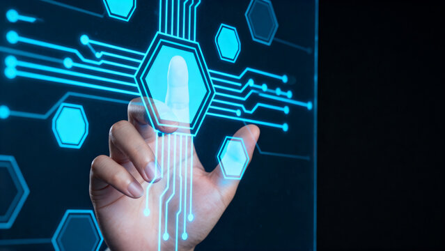 Hand interacting with digital fingerprint scan