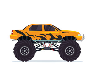 Orange Pixel Art Monster Truck with Black Flame Decals on a Transparent Background
