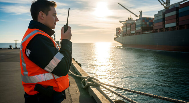 Harbor master in a safety vest communicating via radio with a large container ship approaching the commercial port at sunrise with copy space