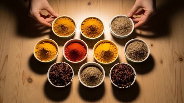 Assortment of Spices in Bowls on Wooden Table.