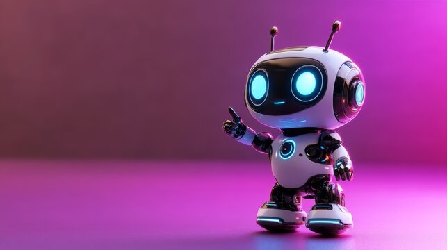 Cute futuristic robot with glowing eyes and modern design on purple background symbolizing artificial intelligence, robotics, friendly technology, automation, digital innovation, humanoid AI assistant