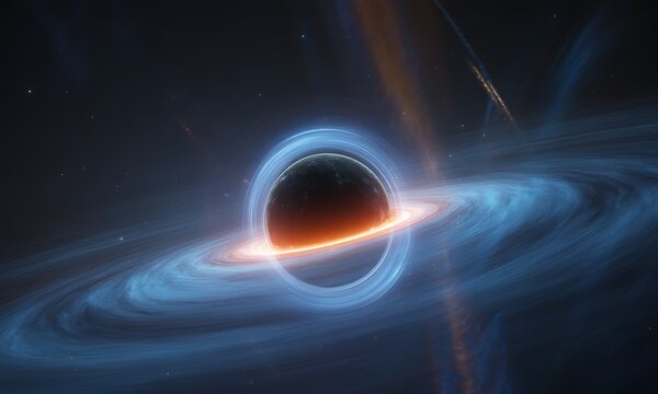 Scientific visualization of a supermassive black hole with a glowing accretion disk and gravitational lensing effect in deep space with copy space