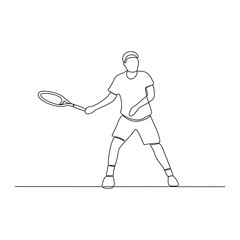 One continuous line drawing of tennis illustration. Tennis player uses a tennis racket strung with a cord to strike a hollow rubber ball covered with felt. Sport theme design vector concept.