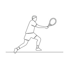 One continuous line drawing of tennis illustration. Tennis player uses a tennis racket strung with a cord to strike a hollow rubber ball covered with felt. Sport theme design vector concept.
