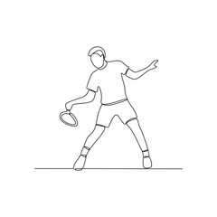One continuous line drawing of tennis illustration. Tennis player uses a tennis racket strung with a cord to strike a hollow rubber ball covered with felt. Sport theme design vector concept.