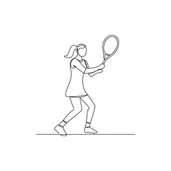 One continuous line drawing of tennis illustration. Tennis player uses a tennis racket strung with a cord to strike a hollow rubber ball covered with felt. Sport theme design vector concept.