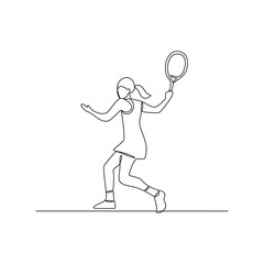 One continuous line drawing of tennis illustration. Tennis player uses a tennis racket strung with a cord to strike a hollow rubber ball covered with felt. Sport theme design vector concept.