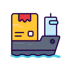 Colorful Icon of a Cargo Ship Delivering a Box with Red Accents on White Background