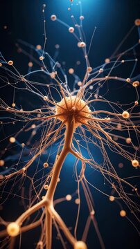 Detailed neuron illustration showing branching axons with synaptic vesicles against dark blue background, representing neuroscience and neural network connections.