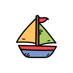 Colorful Sailboat Doodle with Orange Yellow and Green Sails Blue Hull and Red Accents on Transparent Background Simple Childlike Illustration