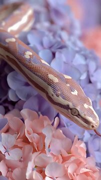 A stunning macro close-up vertical video of an albino ball python snake featuring a beautiful pink and white skin pattern. The snake moves gracefully and slowly over a bed of pastel purple and blue hy