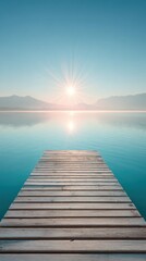 Obraz premium Serene Lakeside Wooden Dock with Sunbeams Premium Calm Nature Scene for Modern Wellness Marketing and Social Media Campaigns