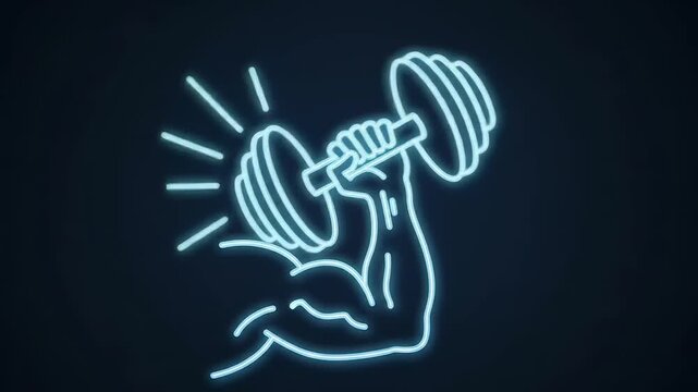 Neon Bicep Curl with Dumbbell Glowing in Dark Gym.