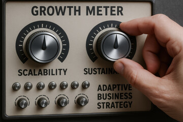 Adaptive business strategy dial adjusted for growth meter showing scalability and sustainability with hand turning knob in office control panel