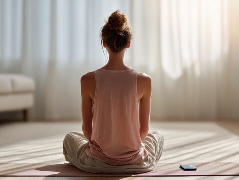 Modern Young Woman Practicing Meditation for Digital Wellness and Mindfulness Premium Authentic Lifestyle Content for Social Media and Marketing Campaigns - Powered by Adobe