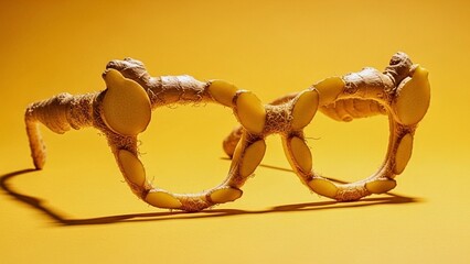 Ginger Root Eyeglasses with Oval Slices on Warm Yellow Background, Creative Food Art Concept