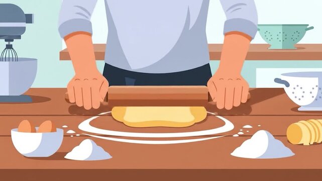 Baking Process Person Rolling Dough Kitchen Scene.