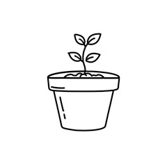 Potted Seedling with Three Leaves, Simple Black Outline Illustration