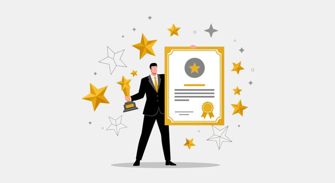 Illustration of a businessman with a certificate and trophy representing success and achievement
