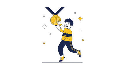 Illustration of a celebrating child holding a gold medal with the number one