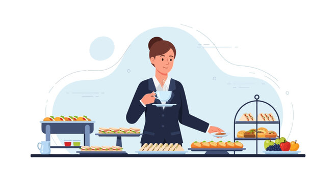 Illustration of a Businesswoman Holding a Cup of Tea Surrounded by Snacks and Delicacies