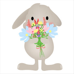 A cute rabbit holding a colorful bouquet of flowers with a red ribbon.