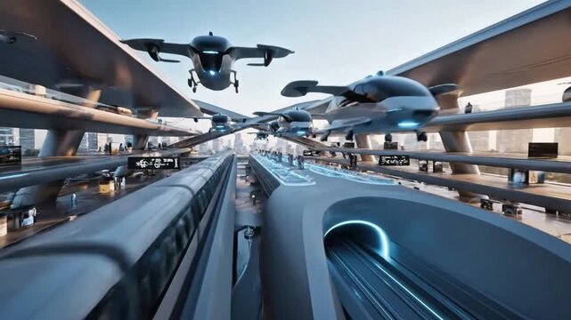 Futuristic urban transportation hub with flying vehicles, high-speed trains, and underground tunnels showcasing advanced mobility solutions.