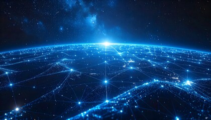 Abstract blue cybernetic mesh network covering the Earth's surface from space, symbolizing global connectivity, big data, digital technology, and communication.