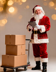Santa tracks shipments on a tablet beside a parcel dolly
