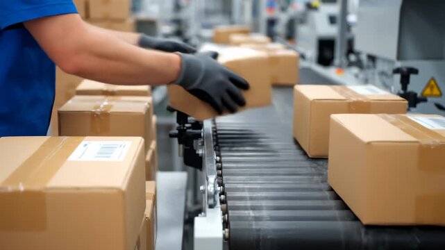 Worker Placing Cardboard Boxes on Conveyor Belt in Distribution Warehouse