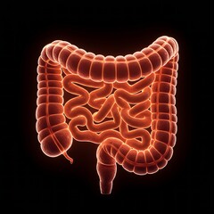 small intestine, depicted with a warm, glowing light along its length.  subtle light patterns suggesting nutrient absorption.