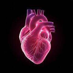 human heart, depicted with an inner glow. The illustration should highlight the heart's complex network of veins and arteries with pulsating light, symbolizing life and energy.