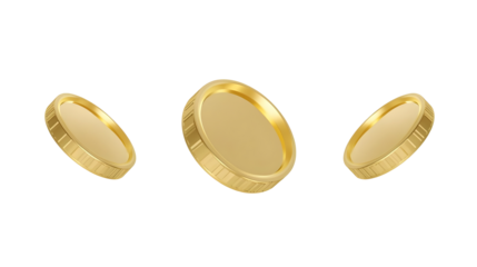 A set of three realistic 3D gold coins shown in different falling positions, isolated on transparent cutout background, cut out, png