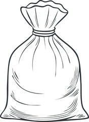A simple black and white illustration of a tied-up sack, filled with contents.