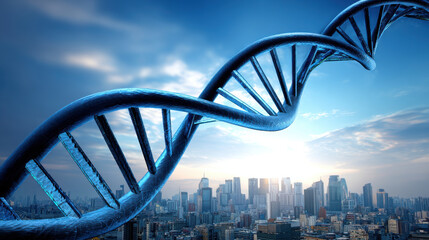Obraz premium Stunning view of DNA structure intertwined with modern city skyline showcases connection between biology and technology, emphasizing role of DNA