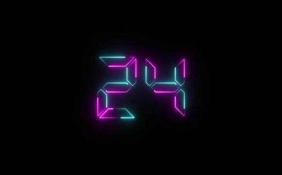 Illuminated neon number twenty four in blue and pink against a stark black background display light