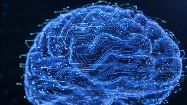 A glowing blue digital representation of a human brain with intricate circuit patterns and data points, symbolizing artificial intelligence and advanced technology.