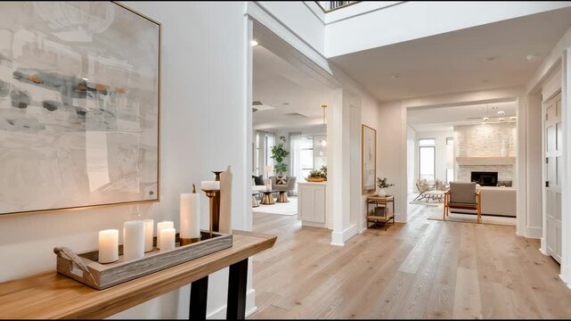 Softly styled modern entryway featuring subtle seasonal details like fall flowers and a lit candle on a console table. The space opens into a welcoming interior, combining warmth and sophistication.