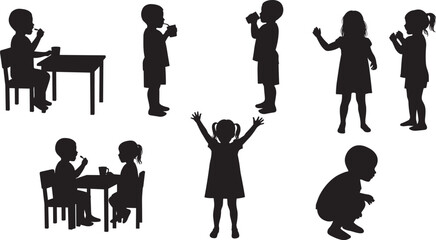 Children silhouette, eating, drinking, dancing, joyful expression, feeding, sitting, squatting, playful behavior, emotional interaction, childhood activity, lifestyle concept, educational theme