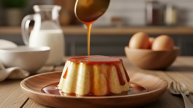 Delicious caramel flan being drizzled with syrup in a cozy kitchen setting with milk and eggs nearby