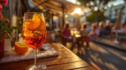 Golden Hour Glow: Classic Aperol Spritz with Orange Slice on a Sunlit Patio