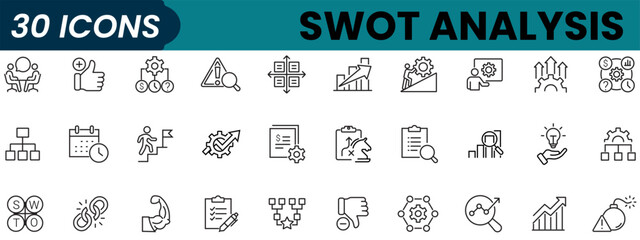 SWOT analysis line editable icon set. SWOT meaning strengths, weaknesses, opportunities, and threats. Containing advantage, disadvantage, identify, strategy, project, and more. Vector illustration.