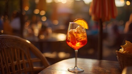 Golden Hour Glow: Classic Aperol Spritz with Orange Slice on a Sunlit Patio