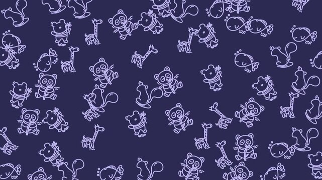 Whimsical doodle animal outlines featuring bears, pandas, giraffes, fish, and squirrels. Suitable for childrens books, stationery, and educational materials.
