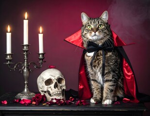 A funny and adorable cat dressed as a vampire sitting beside a skull and candles. Perfect for Halloween greeting cards, pet costumes, and festive decorations.