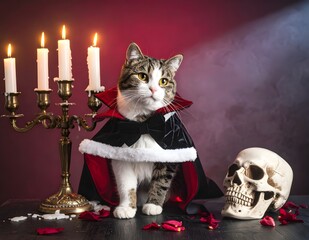 A funny and adorable cat dressed as a vampire sitting beside a skull and candles. Perfect for Halloween greeting cards, pet costumes, and festive decorations.