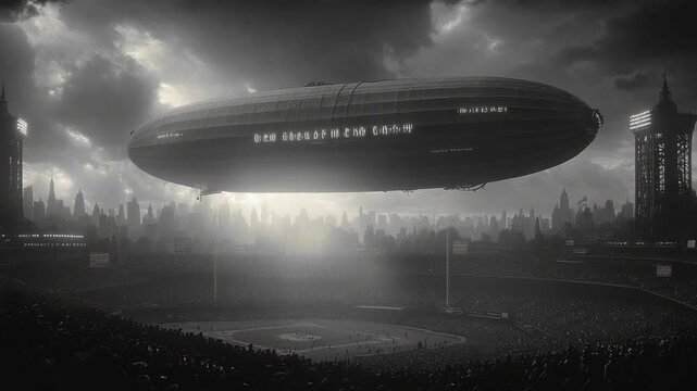 Dramatic Airship Over Cityscape at Dusk.